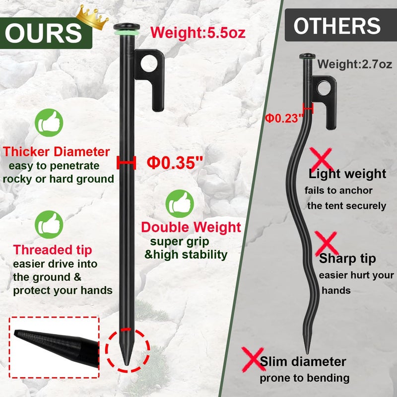 HOLANHING 20Pcs Tent Stakes, 12in/16in Heavy Duty Tent Stakes, 0.35" Dia. Forged Steel Stakes Heavy Duty for Tent Used on Rocks, Snowfield(20Pcs 12in Stakes) - Image 2